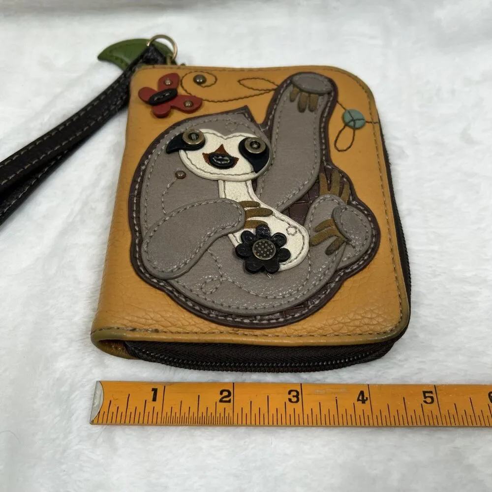 Chala Yellow Leather Zip-Around Wristlet with Sloth Applique